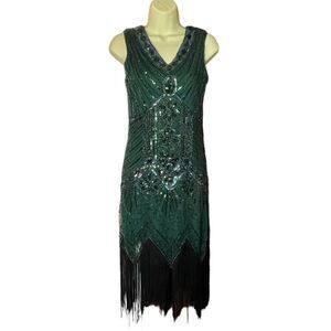 Metme Green Black Beaded 20s Flapper Dress Costume, size XS